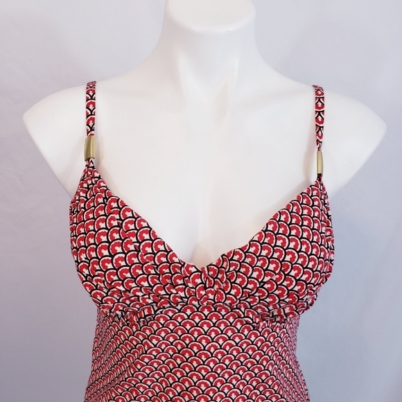 Land's End Geometric Tankini Swimsuit Top Swimwear Red White - Picture 2 of 11
